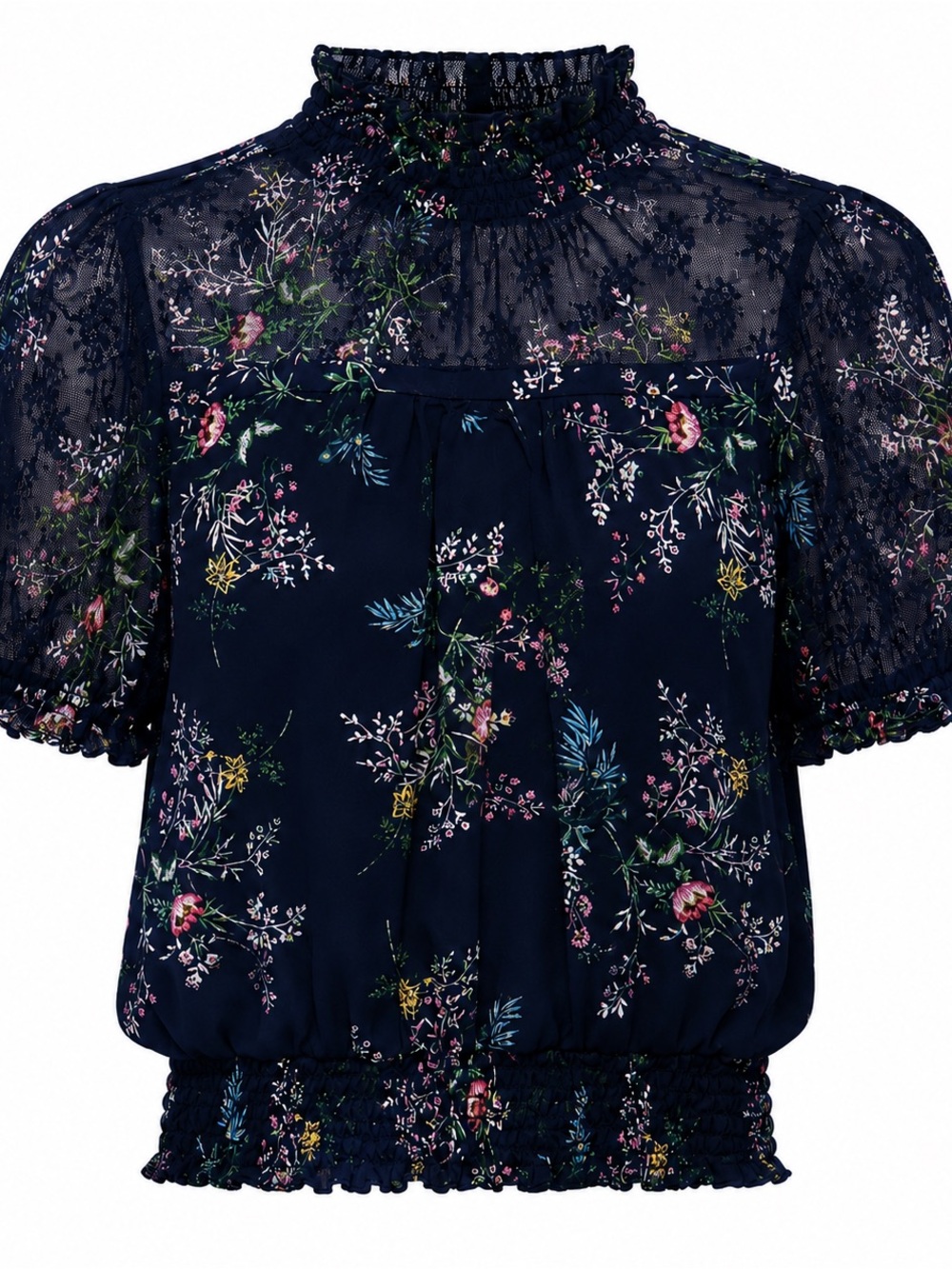 Blue Sheer Floral Lace Top With Smocked Neck & Hem Short Puff Sleeves By Eyesha